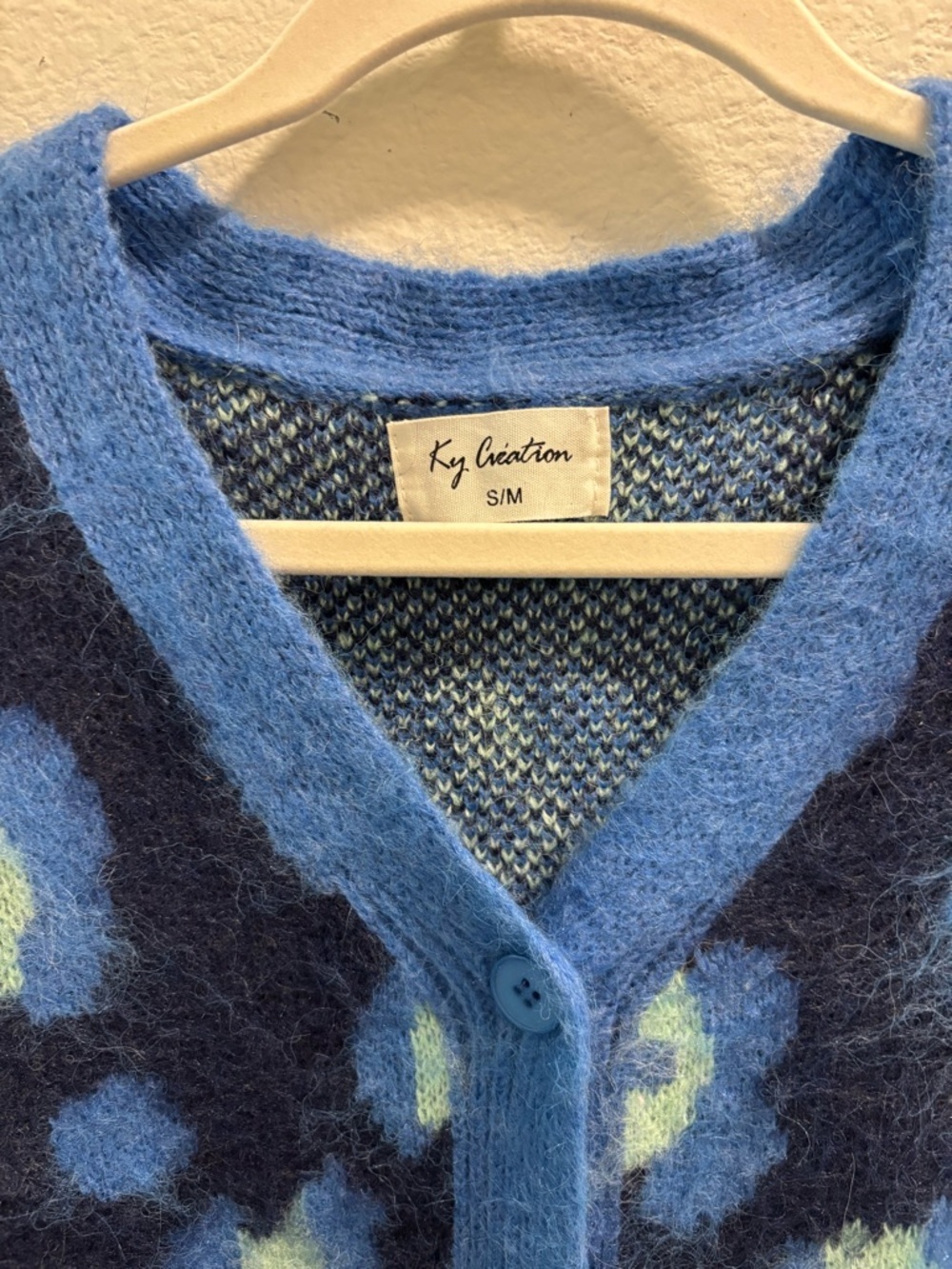 Ky Création Blue Patterned V-Neck Cardigan Sweater, size S/M - Picture 3 of 7